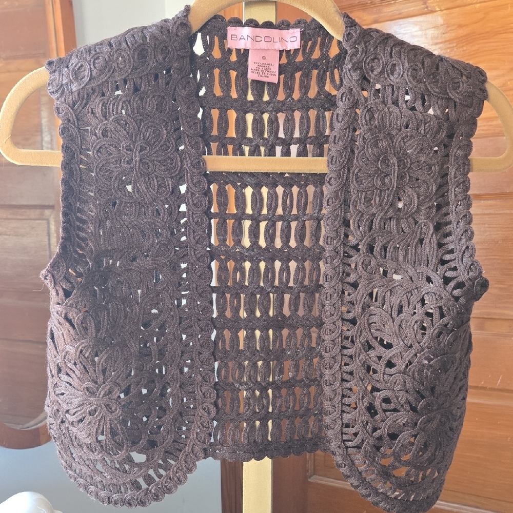 Vintage Bandolino Chocolate Delucate Crochet Bolero Vest Small